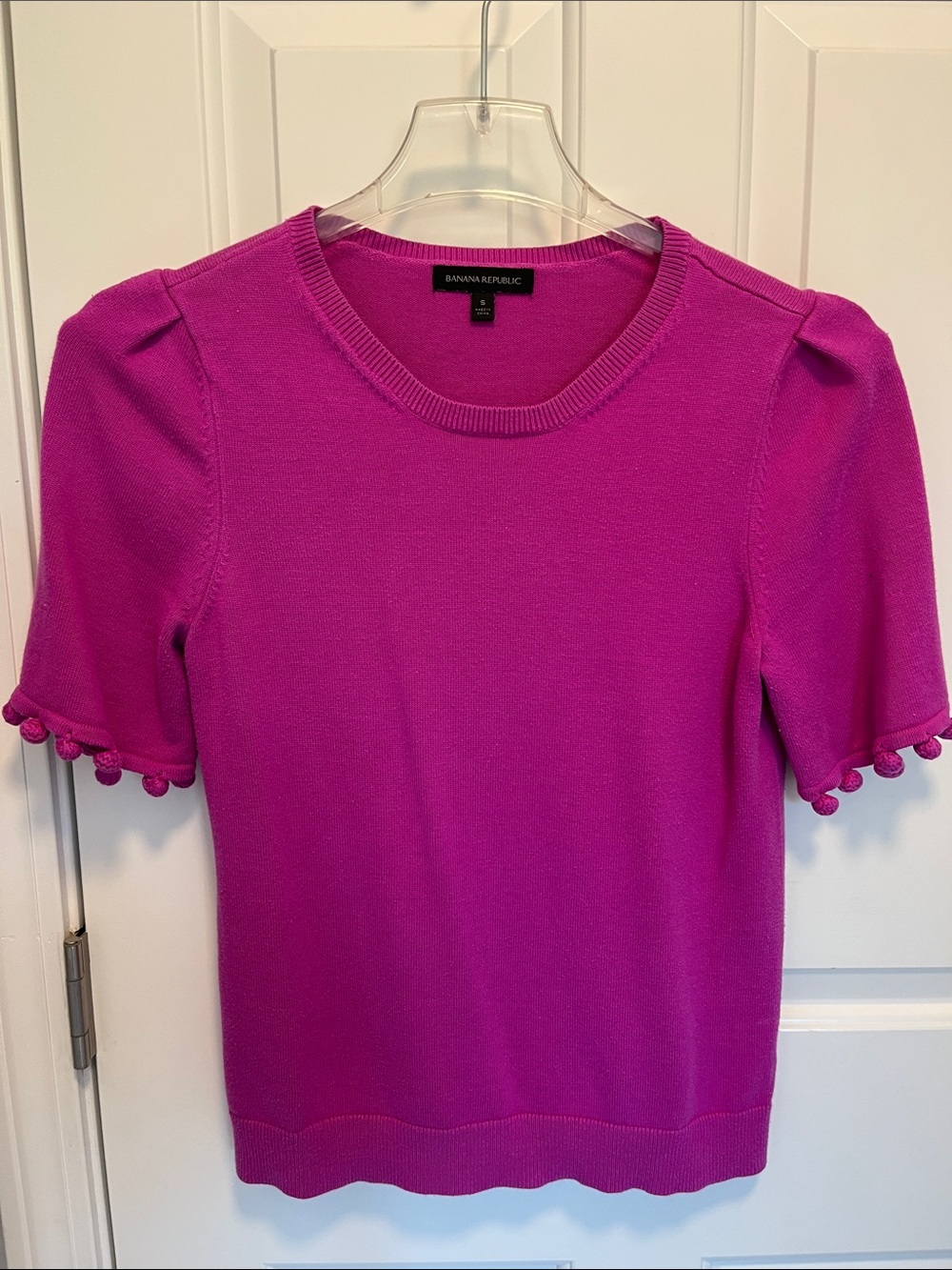 Banana Republic Fuchsia Short Sleeve Pom-Trim Knit Top